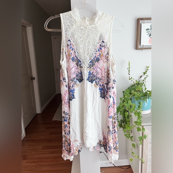 FREE PEOPLE Marsha Printed Lace Neck Mini Dress In Ivory - Picture 4 of 9